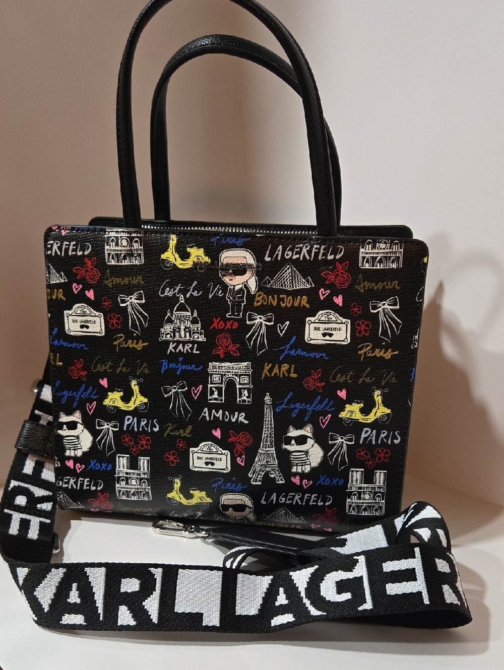 Karl Lagerfeld Paris Graphic Tote Bag Crossbody Strap Paris Print. Nwt.